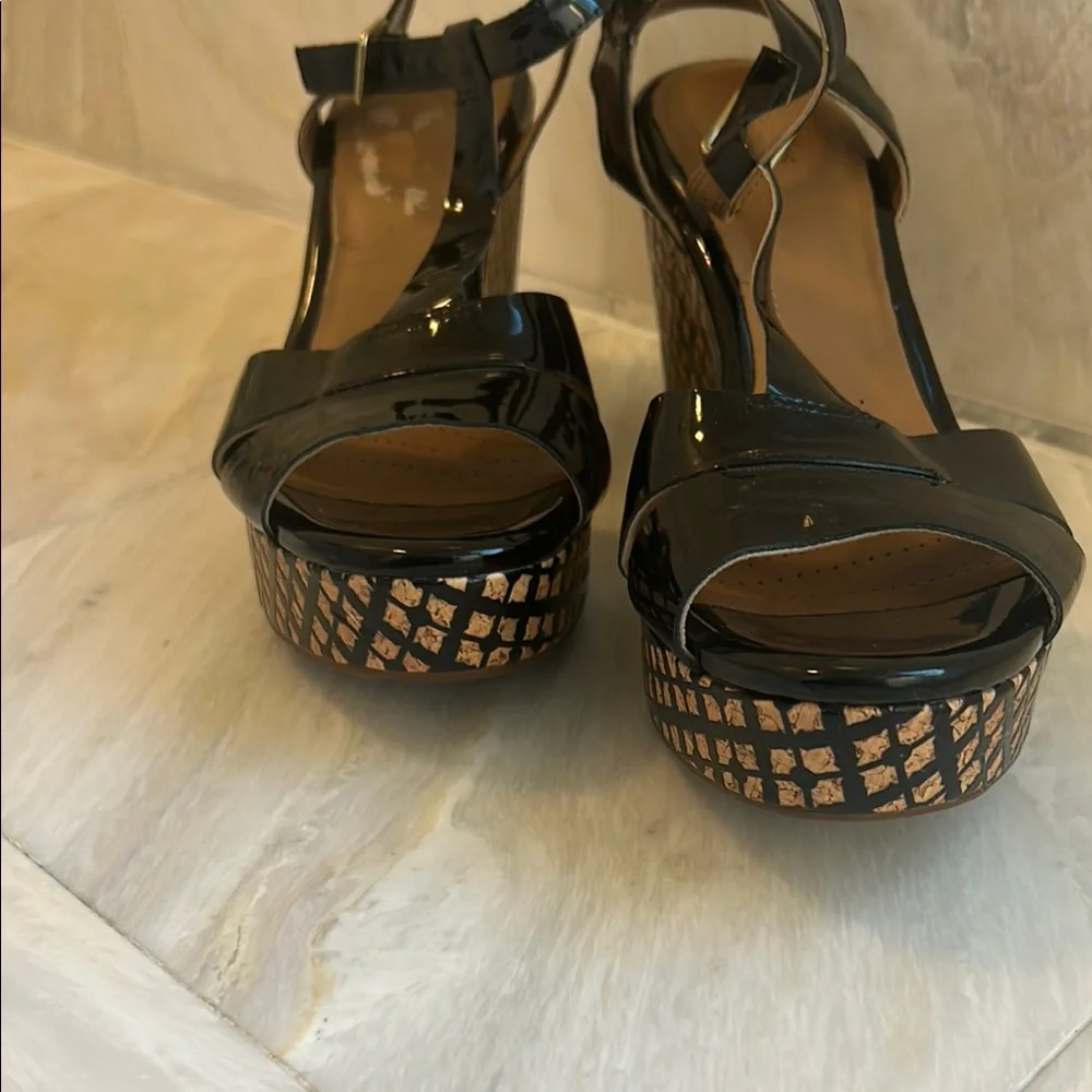 Clarks Black Wedge Escadrille Sandals with Ankle Straps and Cut-Out Design